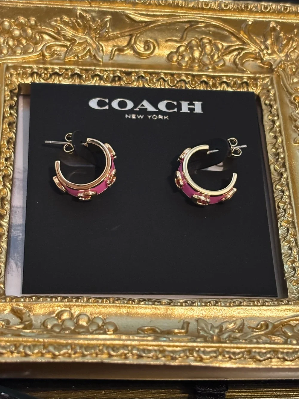 Coach Pink Enamel Signature C Gold Tone Huggie Hoop Earrings NWT Display - Picture 2 of 10